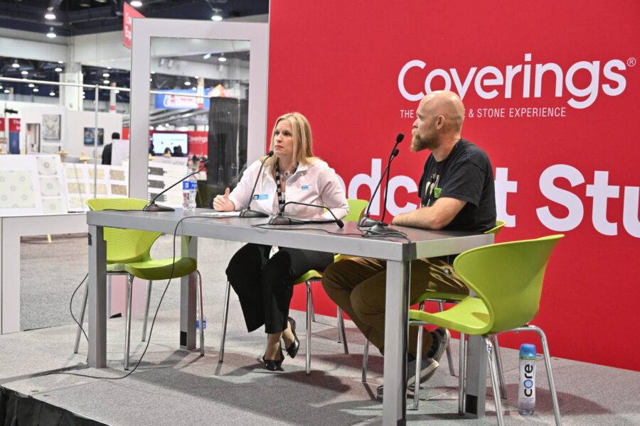 Podcast hosts recording live during Coverings 2022.